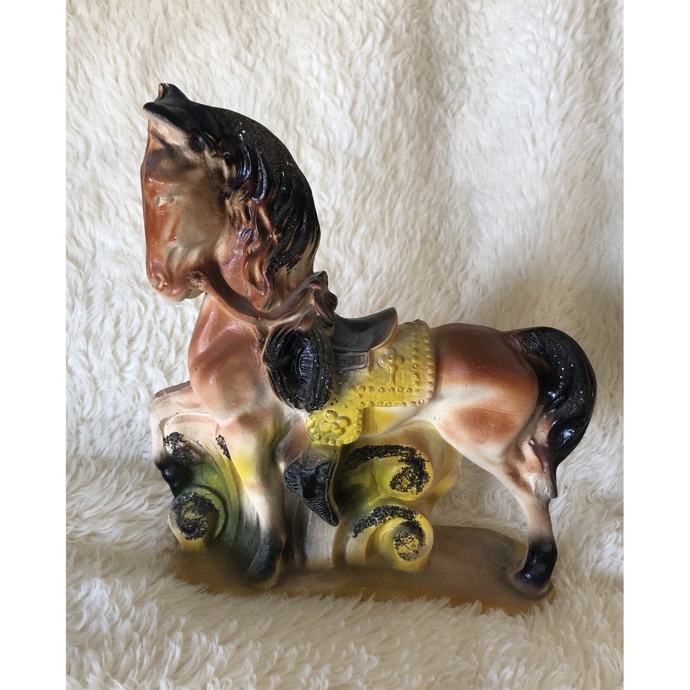 Vintage Chalkware Horse Colorful Carnival Statue Prize Brown Yellow Black EUC
